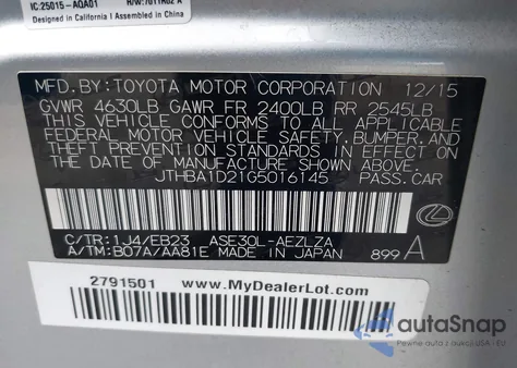 2016 Lexus Is 200T z USA, uszkodzony, nr VIN JTHBA1D21G5016145